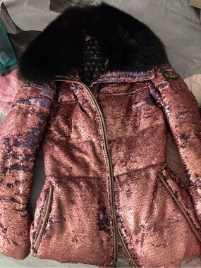 GORSKI Rose Pink Sequin Puffer Jacket with saga Black Fur Collar